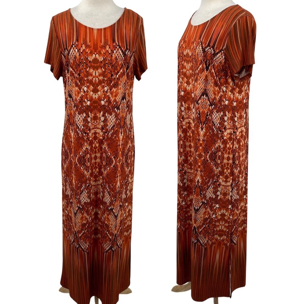 Bob Mackie Printed Stretchy Knit Maxi Dress Snakeskin Orange NEW Womens Large